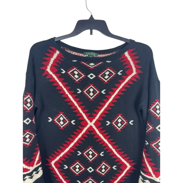 Lauren Ralph Lauren Southwestern Aztec Black Red Knit Sweater Womens M READ - Image 4