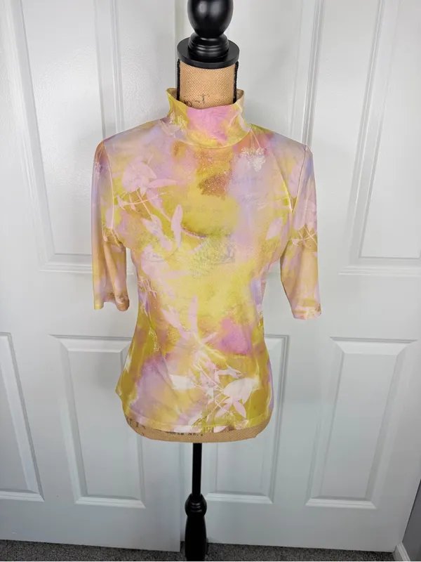 Anthropologie Mesh Mock Neck Floral Print Top Size M Sheer Stretch - Image 2