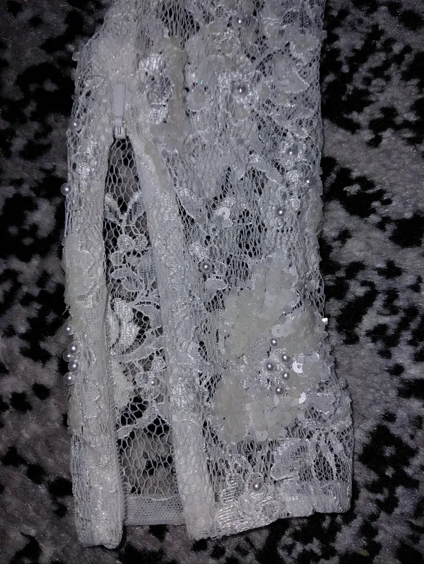 Sherri Hill Size 00 White Pearl Beaded Lace Open Back Cropped Prom Top High Neck - Image 5