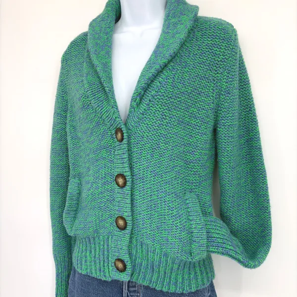 American Eagle Chunky Knit Shawl Collar Cardigan Sweater LG Green Blue‎ Pockets - Image 3