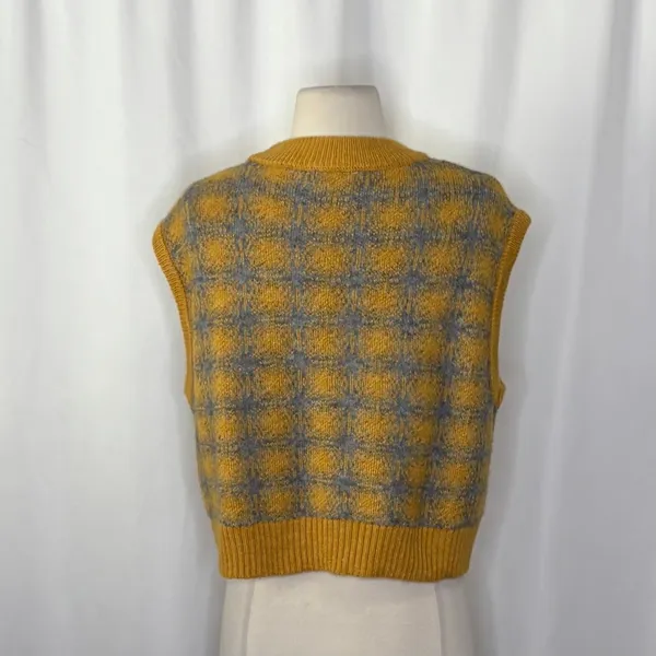 ZARA Chunky Wool Sweater Vest Plaid Star Pattern Yellow Gray Academia Small - Image 9