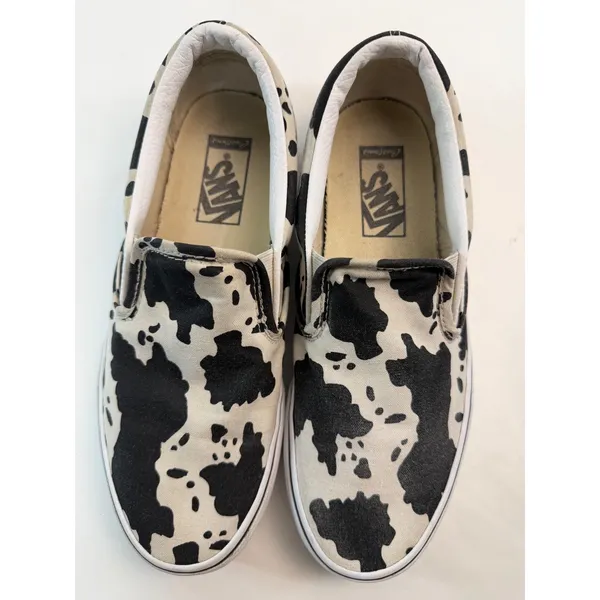 Vans Classic Slip-On Cow Print Black White Canvas Sneakers Womens 8.5 Mens 7 - Image 5