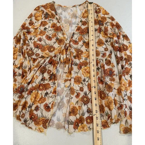 Floral Mesh Top XL Fairy Festival Bell Sleeve Stretch 70s Sunflower Cottage Boho - Image 5