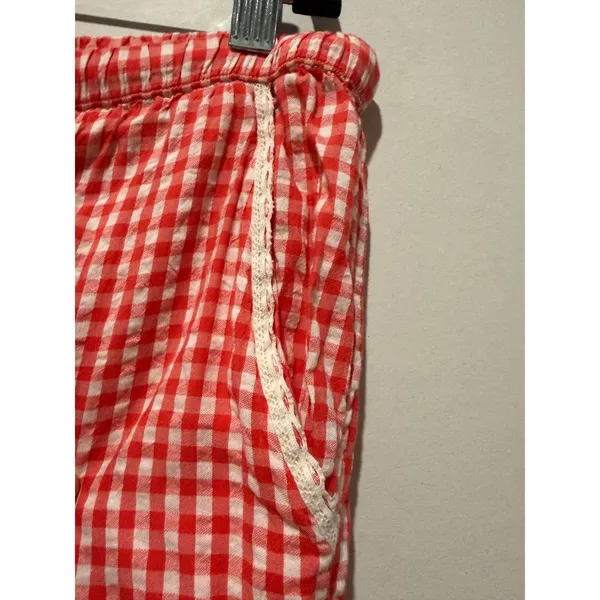 Aerie Seersucker Lounge Pajama Pant XL Red White Gingham Check Crochet Trim Boho - Image 3