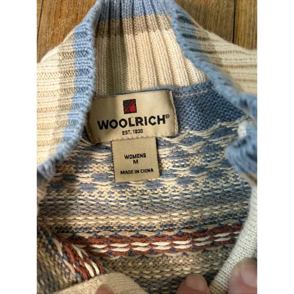 Woolrich Womens Fair Isle Quarter Zip Sweater Blue Cream Ramie Cotton Size M - Image 6