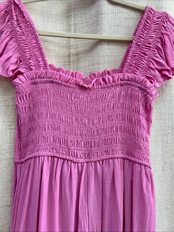 Mock Button Down Smocked Ruffle Detail Midi Dress Pink - Image 12