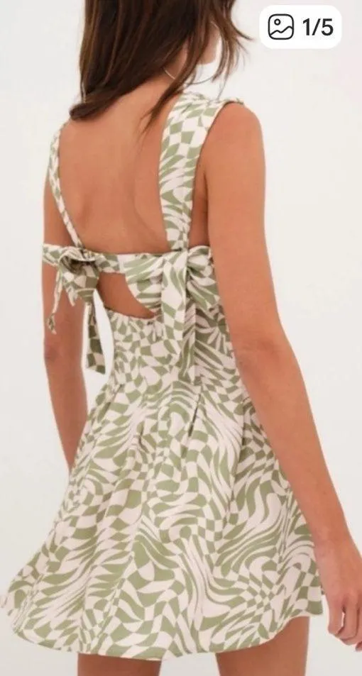 NWT For Love And Lemons Distorted Checkered Green Satin Dress - Image 2