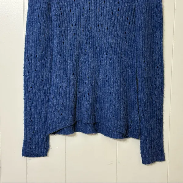 Free People Blue Open Knit Crewneck Sweater S Boho Slouchy Pointelle Pullover - Image 6