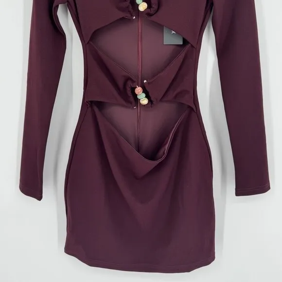 White Fox One‎ Desire Mini Dress Small Dark Burgundy Cutout Long Sleeve Beaded - Image 5