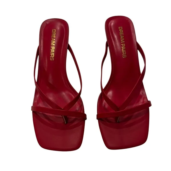 Dream Pairs Slip-On Square Toe Thong Heeled Sandals in Red, Size 6.5 - Image 3
