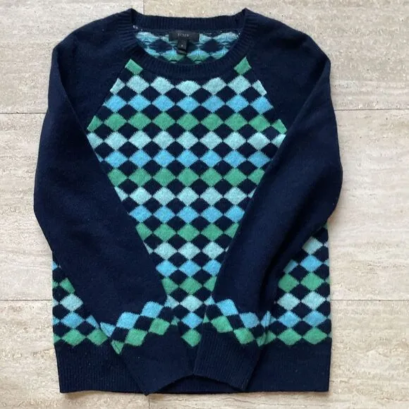 J Crew‎ Women Argyle Crewneck 100% Lambs Wool Sweater Y2K Preppy S Blue Green - Image 5