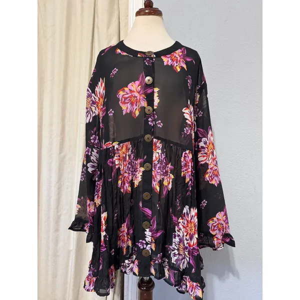 Cottagecore Womens Tunic‎ 2X Black Floral Sheer Mesh Babydoll Button Front Top - Image 2