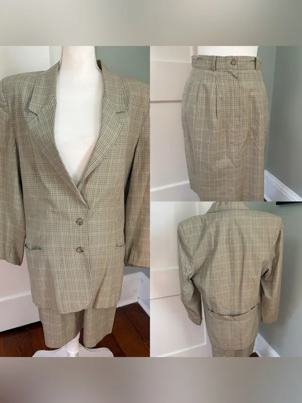 Vintage 1990s Ann Taylor Plaid Skirt Suit Set Yellow Blue Size 8 / 10 Cotton - Image 2