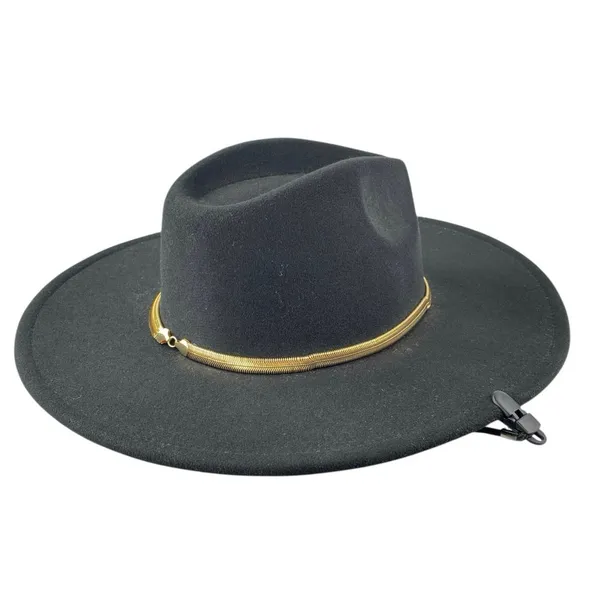 Women's Black Gold Chain Faux Suede Strap Panama Western Cowboy Hat One Size - Image 2