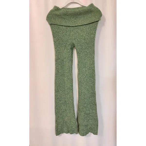 Aerie women’s XS Ribbed Knit High Waisted Flare Pants Green stretch foldover boh - Image 4