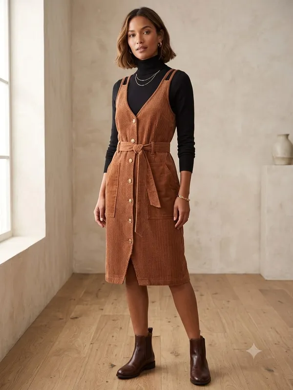 OAT Corduroy Button Front Granola Girl Boho Midi Dress Medium. Tie Wais - Image 2