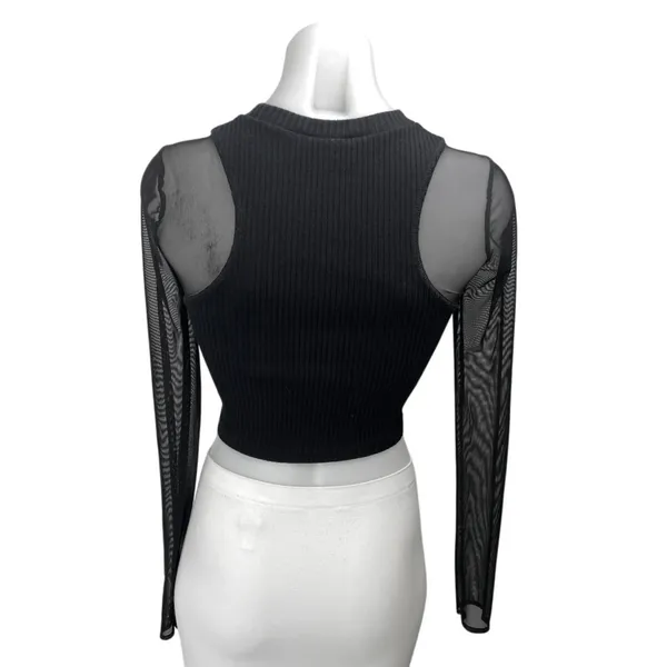 Zara Black Ribbed Knit Mesh Sheer Long Sleeve High Neck Slim Crop Shirt Top Sz S - Image 2