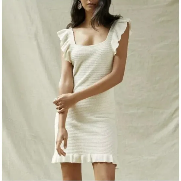 Anthropologie Ruffled Pointelle Knit Mini Dress in Ivory Womens S - Image 3