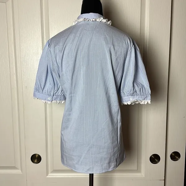 Dainty Blue Pinstripe Lace Trim Button Up Collared Blouse - Image 3