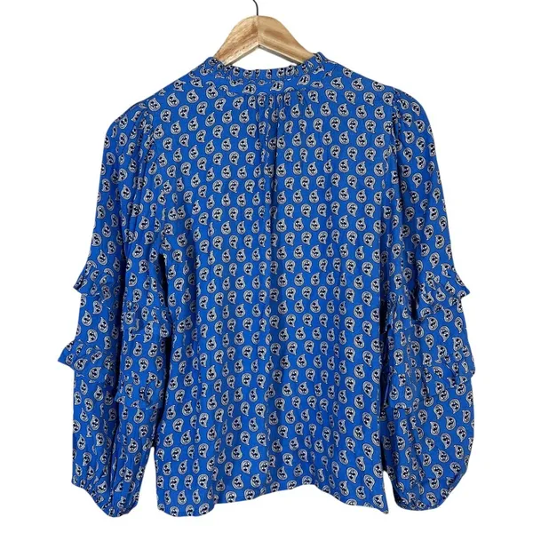 LOFT Paisley Print Split Neck Blouse Blue Boho Tiered Ruffle Sleeve Size XSP - Image 3