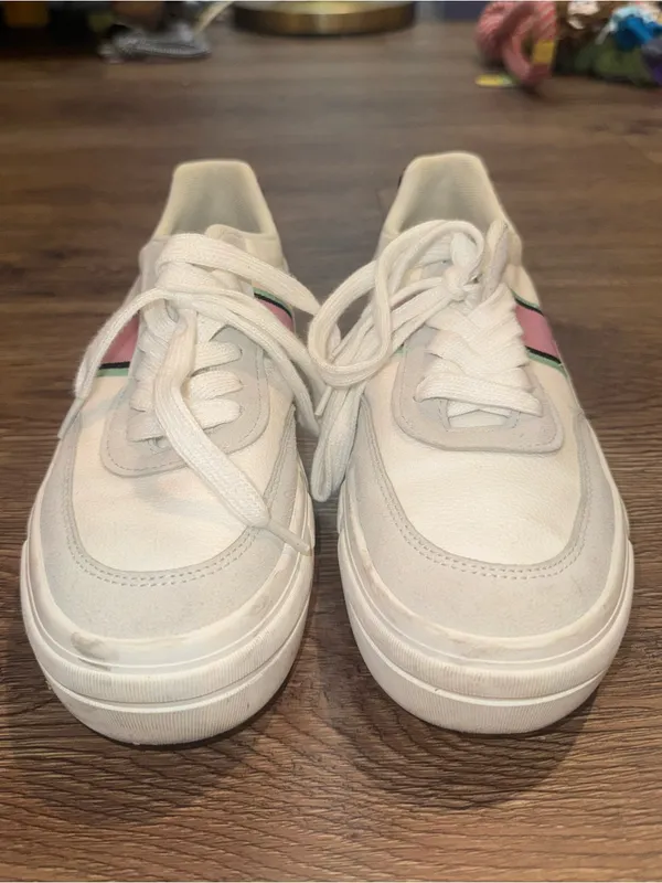 Blowfish White Sneakers with Pink & Green Stripe and Leopard Heel - Image 2