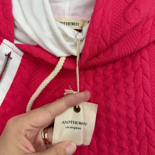ANDTHEWHY Womens Pink Quilted Cable‎ Knit Hoodie Sweatshirt L Athleisure - Image 3
