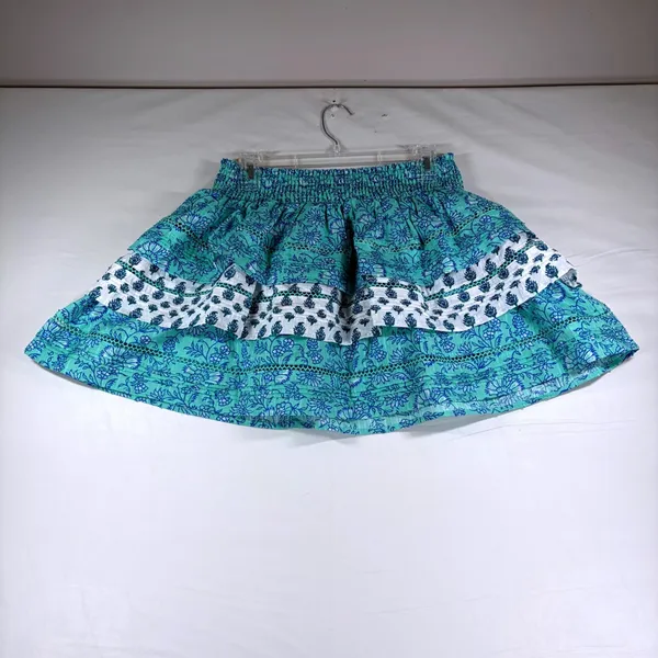 Roller Rabbit Teal Green Floral Block Print Tiered Cotton Mini Skirt Small - Image 3
