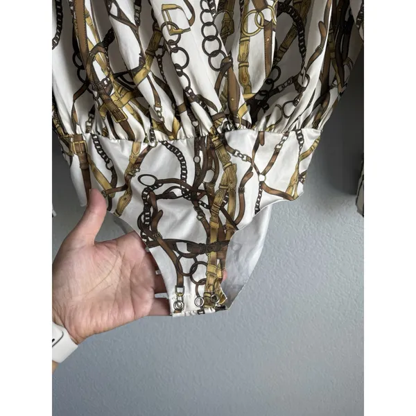 Zara Equestrian Chain Link Print Wrap Bodysuit Blouse Top Gold Brown Ivory Sz M - Image 7