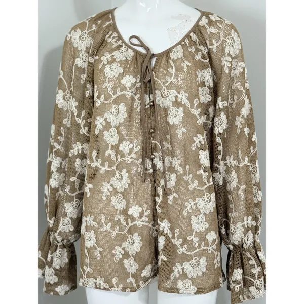 Y2k Sheer Mesh Floral Blouse Long Sleeve Embroidered Women XL Floral Cottagecore - Image 5