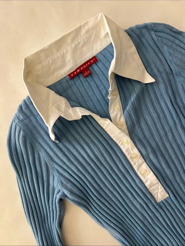 JJ Basics Vintage 90s Aqua Blue Thick Ribbed White Collar Longsleeve Top Large - Image 3