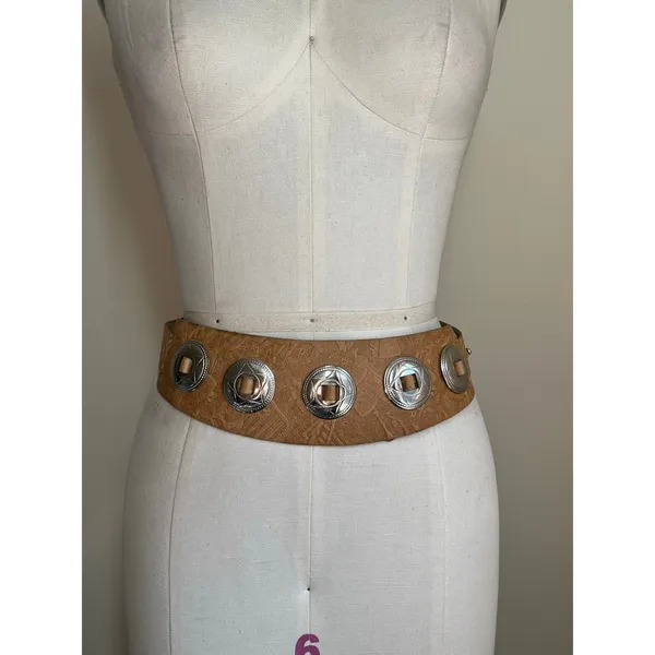 Vintage Embossed Faux Leather Wide Concho Belt Western Boho 28–32 Cowgirl Edgy - Image 13