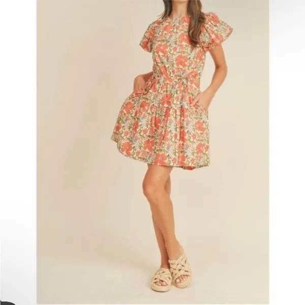 NWT &Merci Cream‎ Orange Floral Puff Sleeve Back Cut Out Lindsay SunDress - Image 3