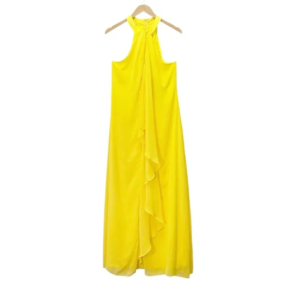 NWT Meghan LA Aphrodite Maxi Dress Size Medium Yellow Halter Ruffle Slit Gown - Image 2