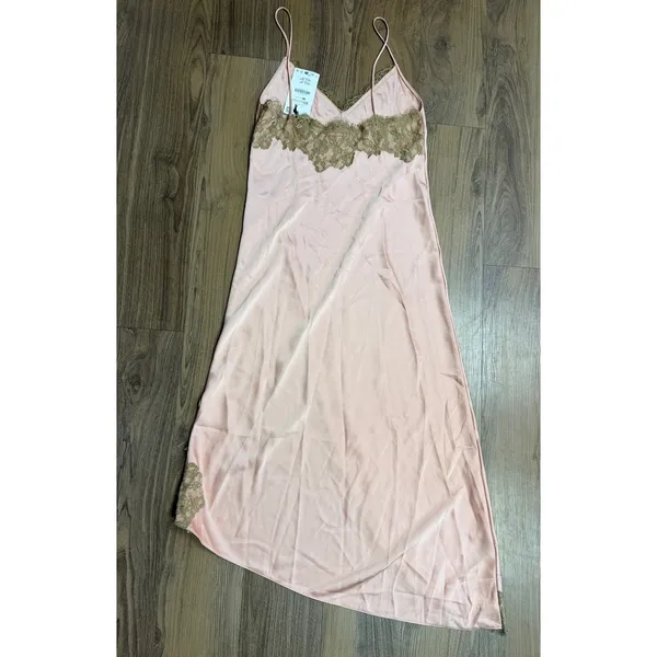 Zara Collection Y2K Lace Tank Dress Satin Pink Brown Fairy Asymmetric Slip - Image 3