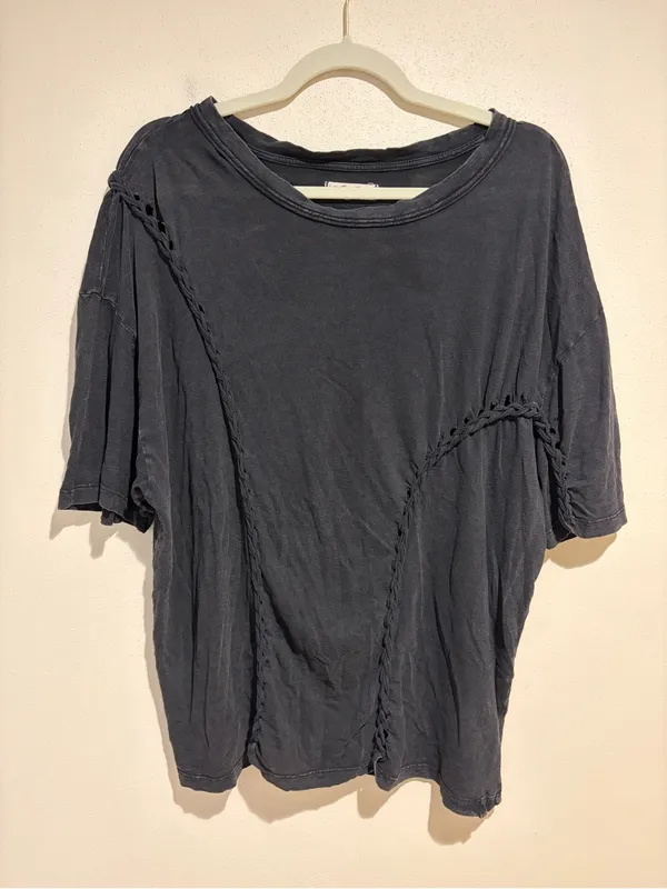 We The Free People Moonlit Mini Braided Cutout Oversized Tee T-Shirt Black Small - Image 3