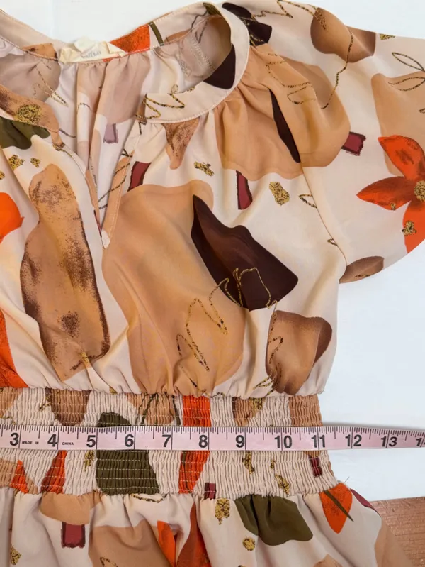 Entro Women’s Floral Midi Dress Size S Beige Orange Smocked Puff Sleeve - Image 7