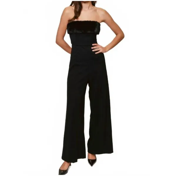 Anthropologie Hutch Faux Fur Trim Strapless Black Jumpsuit Size 14 Wide-Leg - Image 2