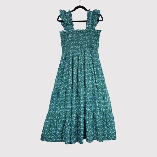 J Marie Midi Dress Green Floral Square Neck Ruffle Smocked Tiered A Line Medium - Image 2