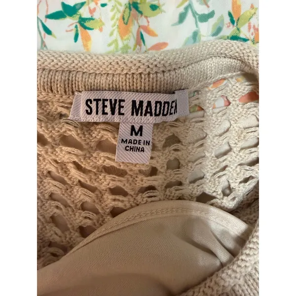 Steve Madden Open Knit Crochet Top Lined Beige Cap‎ Sleeve Coastal Boho Medium - Image 6