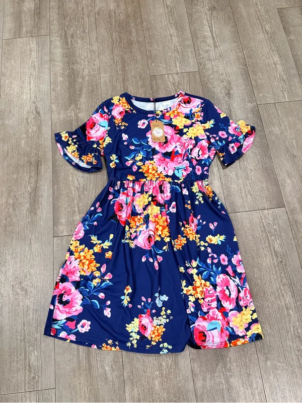 Navy Floral Ruffle Sleeve Women’s Dress - Image 3