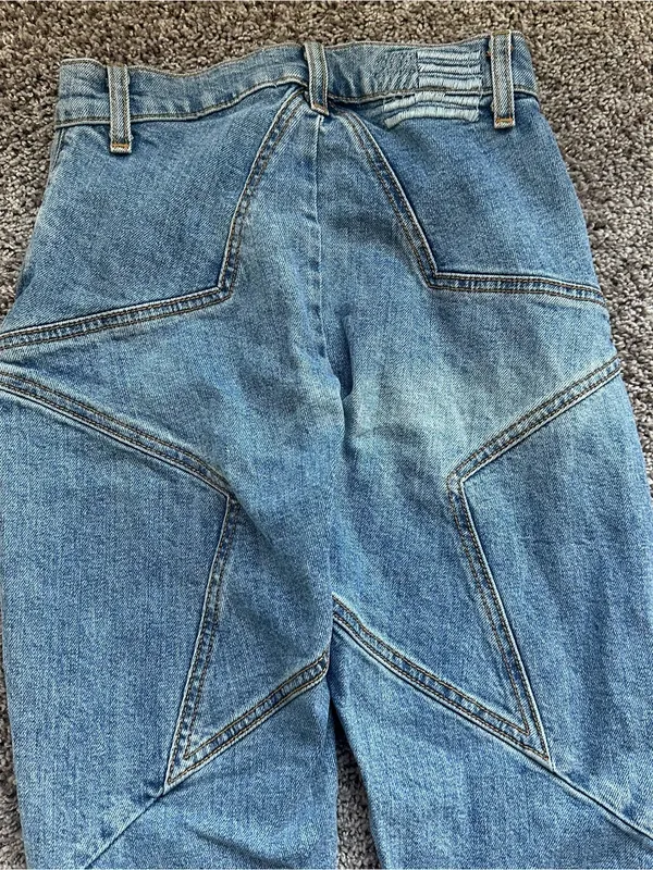 REVICE Blue High-Waist Straight Leg Star Jeans with Geometric Seams - Image 4