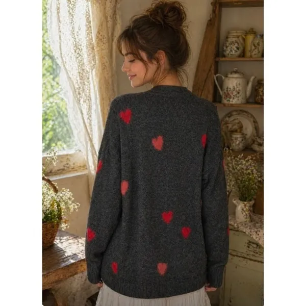 NWT!! CELEBRATE‎ TOGETHER Heart Cardigan Sweater Grey Pink Red Hearts Large - Image 6
