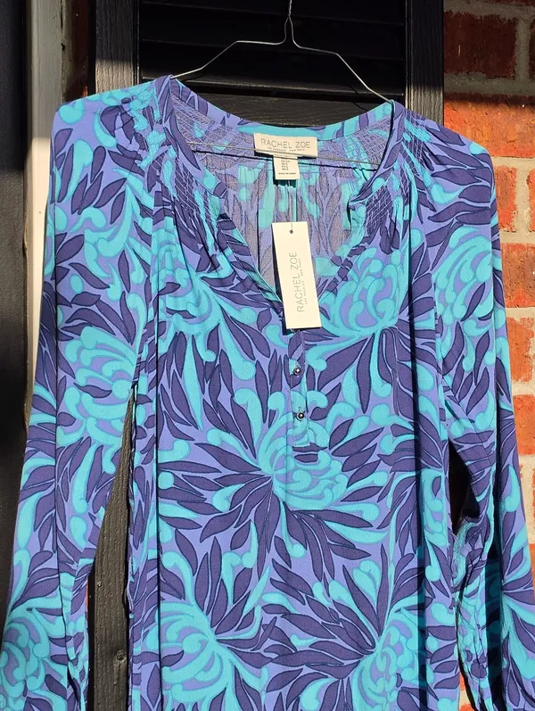 New Rachel Zoe Blue Purple Printed Long Sleeved Dress Small - Image 3