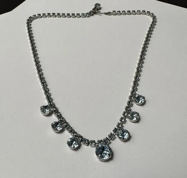 Blue Prong Set Rhinestone Silver Tone Choker Necklace - Image 6