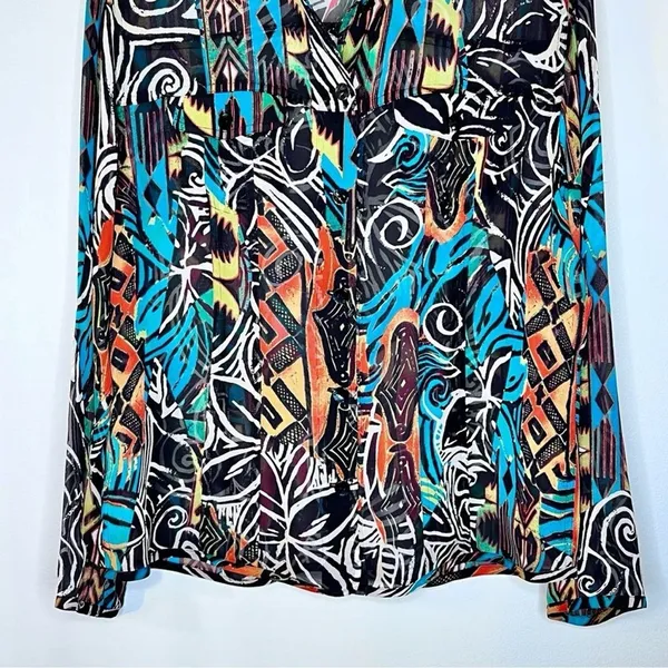 Chicos Womens Abstract 100% Silk Blouse Size 2/Large Multicolored Sheer Picasso - Image 5