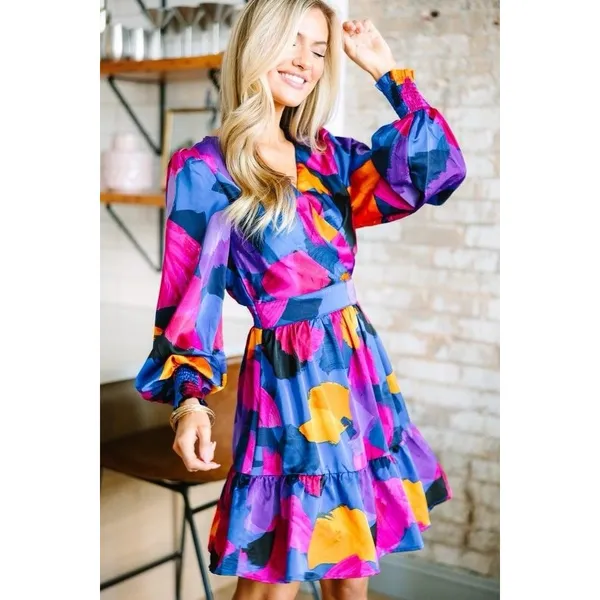 Entro Small Abstract Satin Mini Dress Women Bubble Hem and Sleeve Dance Party - Image 13