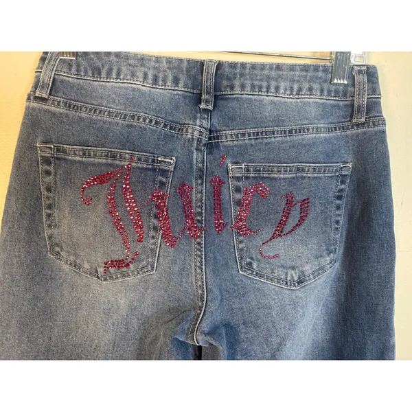 Juicy Couture Wide Leg‎ Jeans Womens 7/28 Blue Excellent Pink Rhinestone Logo - Image 6