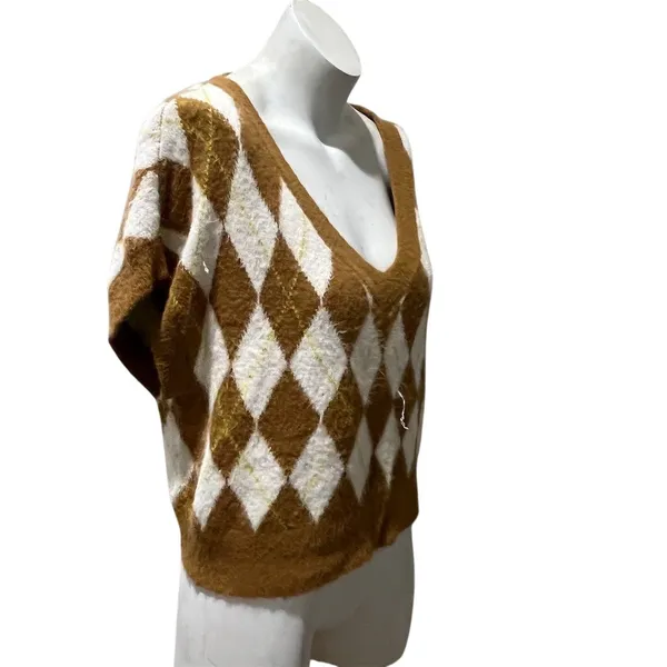 Free People Sweater Vest Womens Petite S Brown Ivory Argyle V-Neck Fuzzy - Image 3