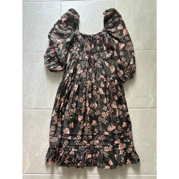 Ulla Johnson Isla Dress Womens 4 Green Floral Tiered Puff‎ Sleeve Boho Prairie - Image 6