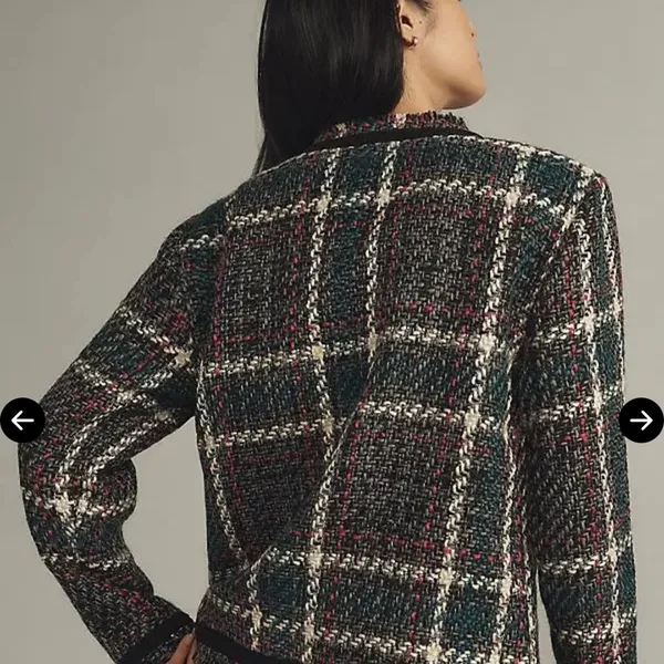 Anthropologie Plaid Bouclé Collarless Jacket in Teal, Black, White, Pink - Image 3